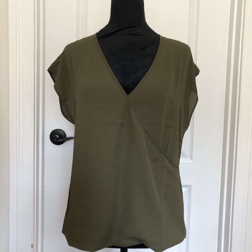 Three Eighty Two Olive Green V-Neck Faux Wrap‎ Cap Sleeve Blouse Size Small NWT